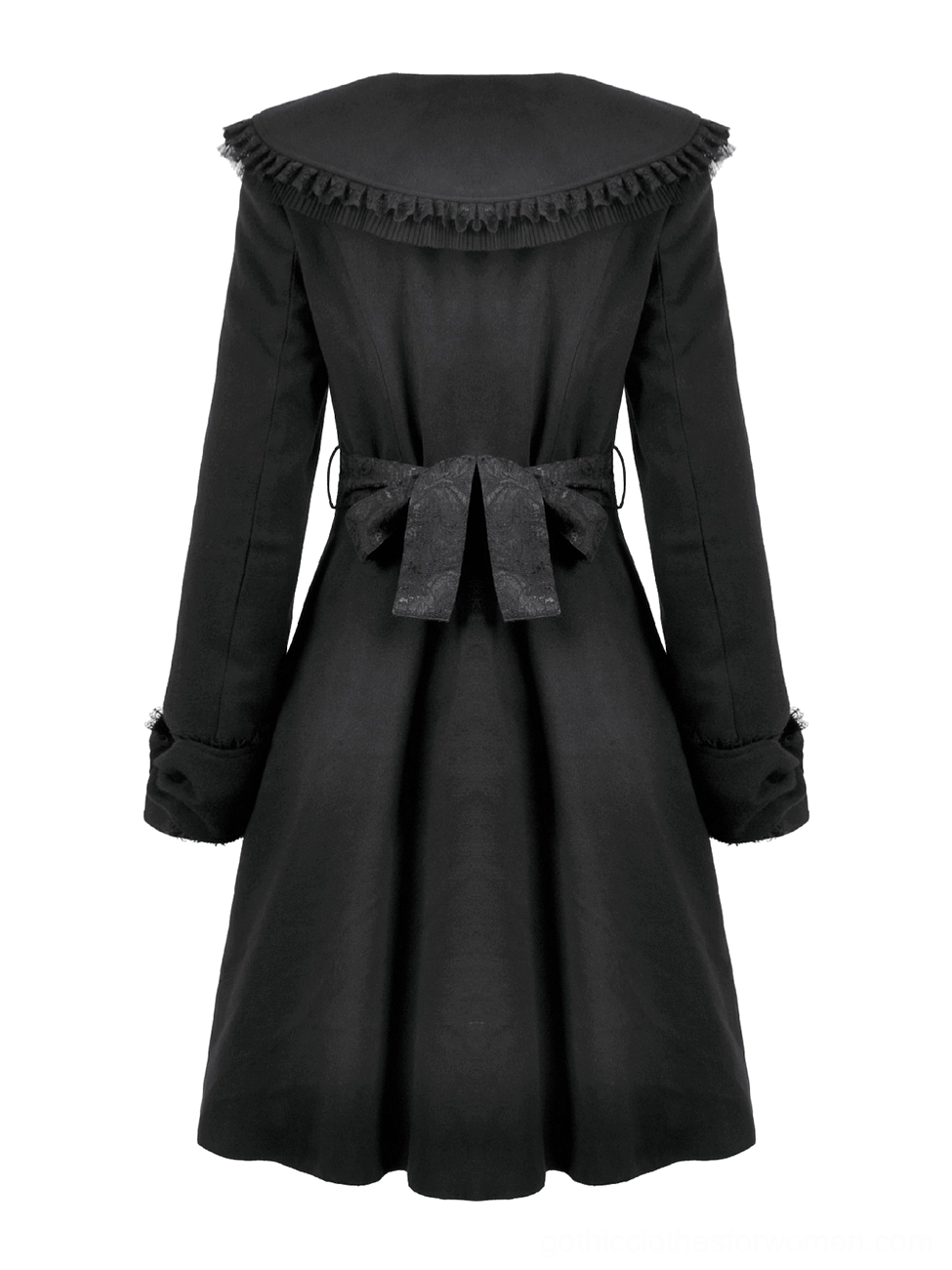 Back flat lay of gothic black coat displaying A-line hem, decorative waist bow, and frilled ruffled collar edge