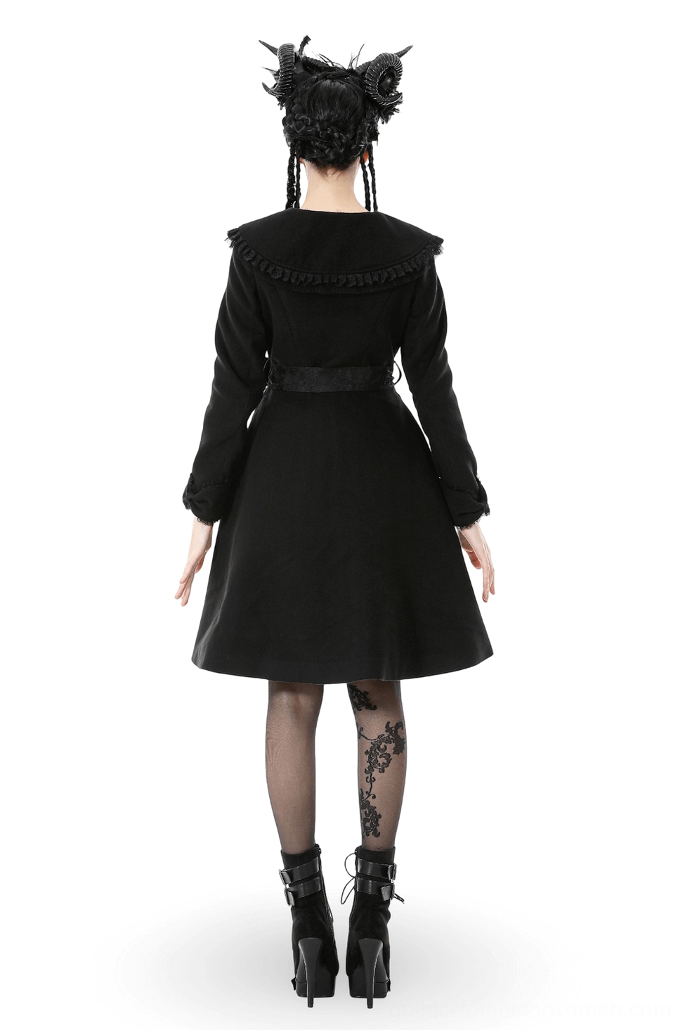 Back view of gothic black coat showing A-line silhouette, decorative waist bow, and ruffled lace collar edge