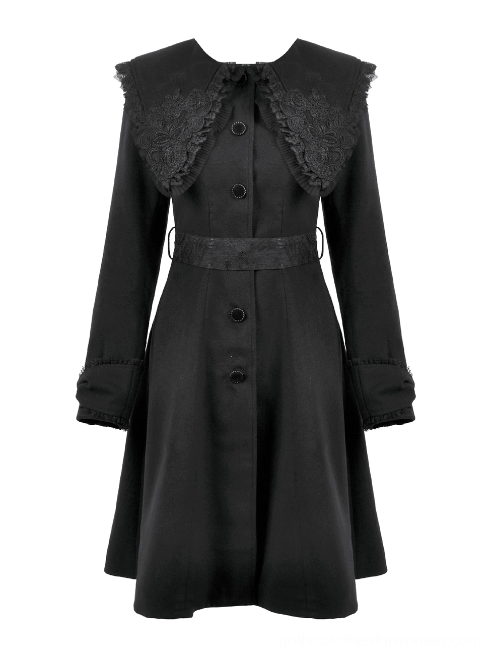Front flat lay of victorian gothic black coat showing full silhouette, lace collar, front buttons, and waist belt