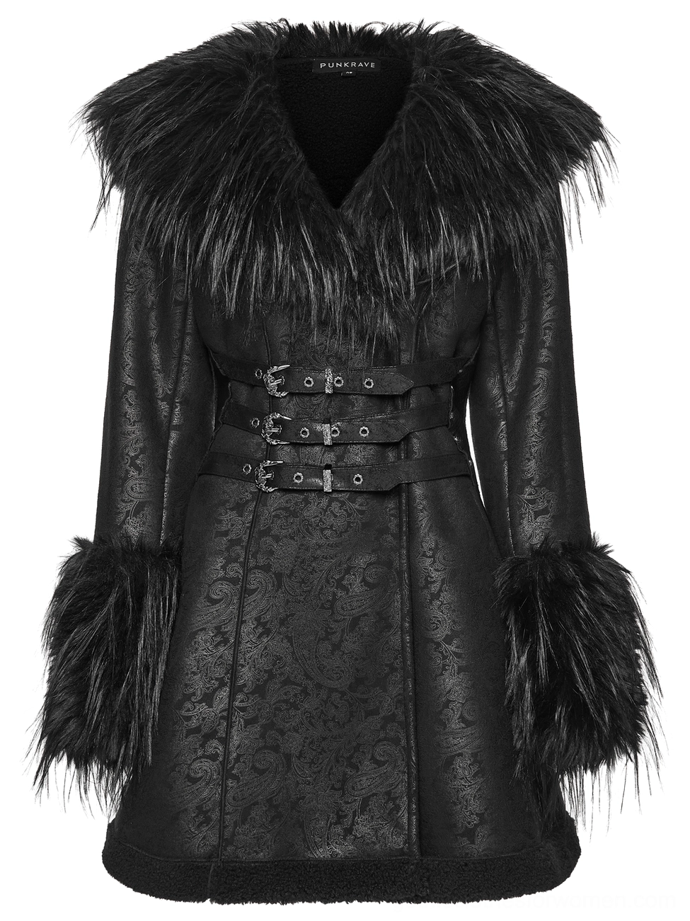 Black gothic coat front flat lay displaying large shaggy faux fur collar, jacquard texture weave, and triple-buckle waist cincher