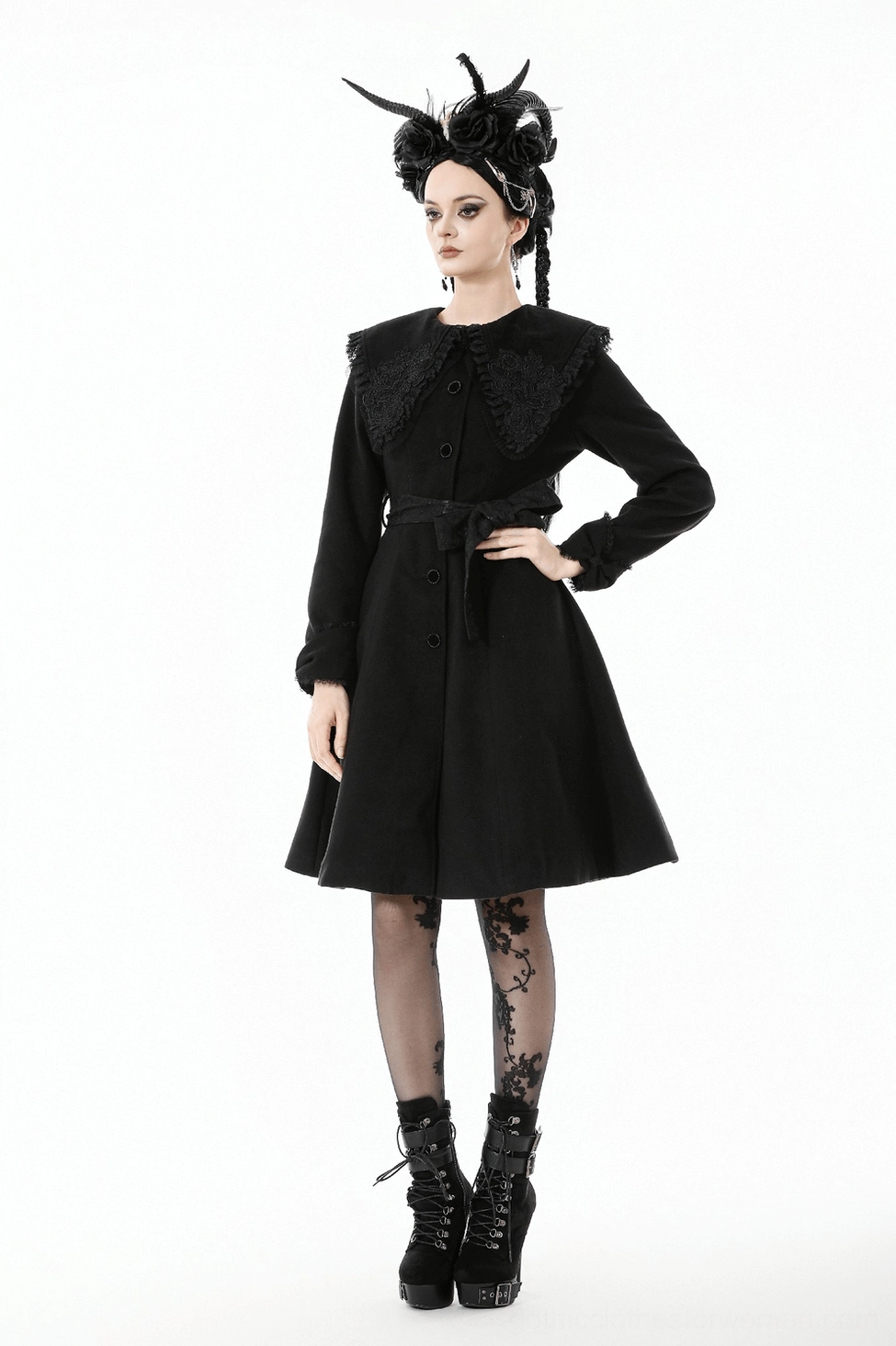 Additional angle view of gothic black coat showing overall silhouette, button details, and embroidered lace elements