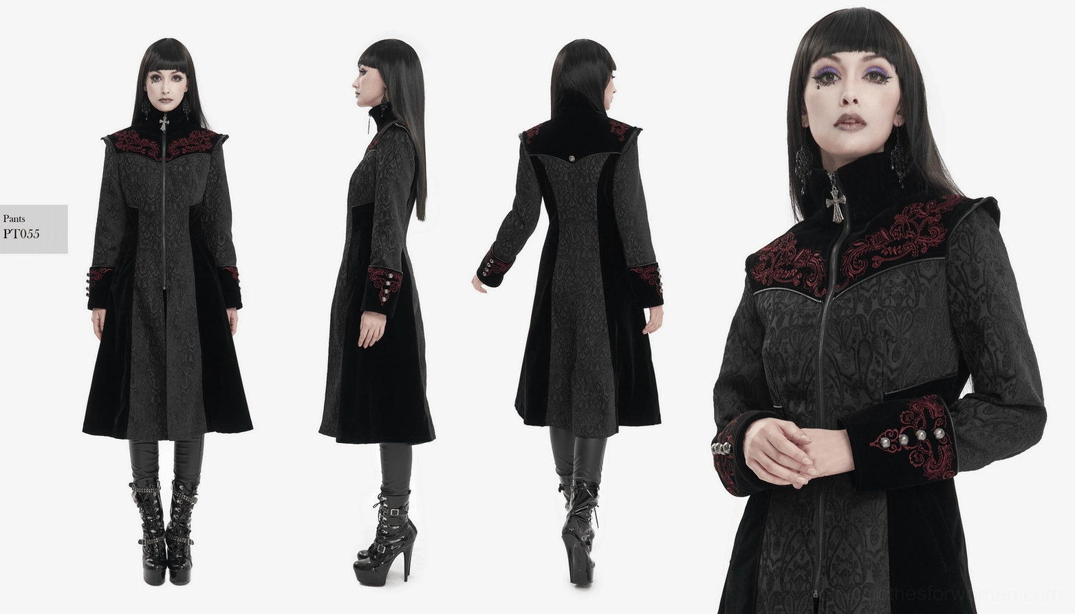Gothic black embroidered coat size comparison, showing length proportions and overall fitted silhouette