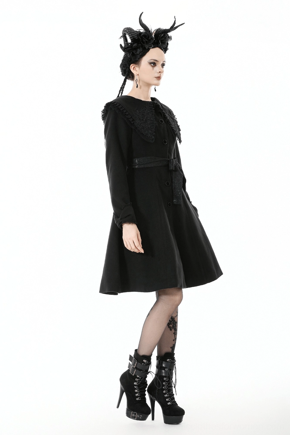 Styled presentation of gothic black coat showing how to wear victorian lace collar and bow detail design