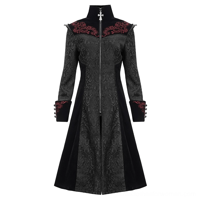 Gothic black floral embroidered coat zip-up front closure detail, showing velvet-jacquard damask fabric texture