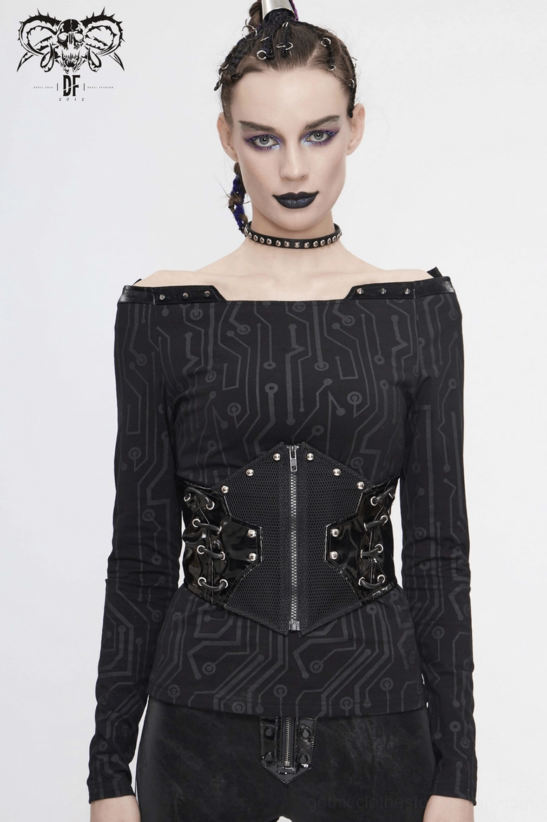 Gothic black corset belt on female model with half-up braided hairstyle, full front view with circuit print off-shoulder top