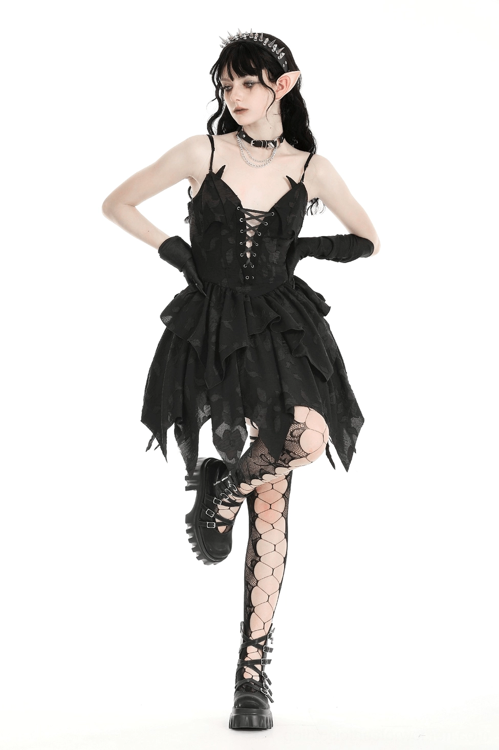 Gothic black corset dress with jagged hemline front view showing complete silhouette and design elements