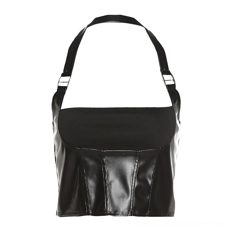 Black gothic halter crop top flat lay product shot showing front faux leather panel and buckle hardware design