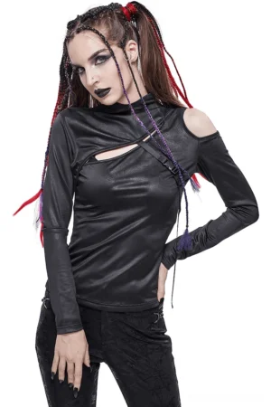 Black buckle cutout long sleeve gothic top front view on model with red-streaked braids, showing cold shoulder design and chest cutout against white background