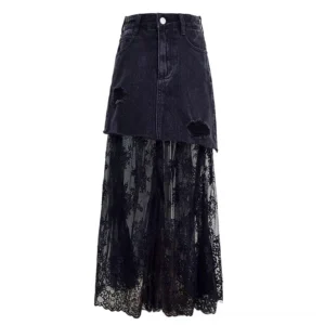 Black gothic denim midi skirt with floral lace insert - flat lay product display showing full distressed overlay and button closure