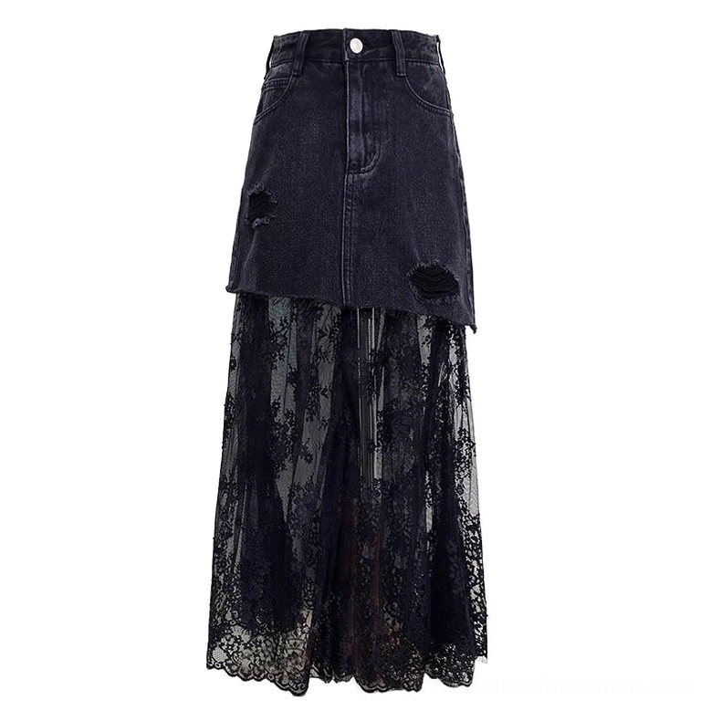 Black gothic denim midi skirt with floral lace insert - flat lay product display showing full distressed overlay and button closure