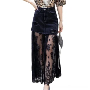 Black distressed denim gothic midi skirt with lace mesh hem - full front view on model wearing with leopard print top and pointed heels