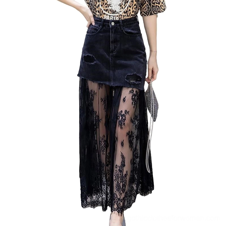 Black distressed denim gothic midi skirt with lace mesh hem - full front view on model wearing with leopard print top and pointed heels