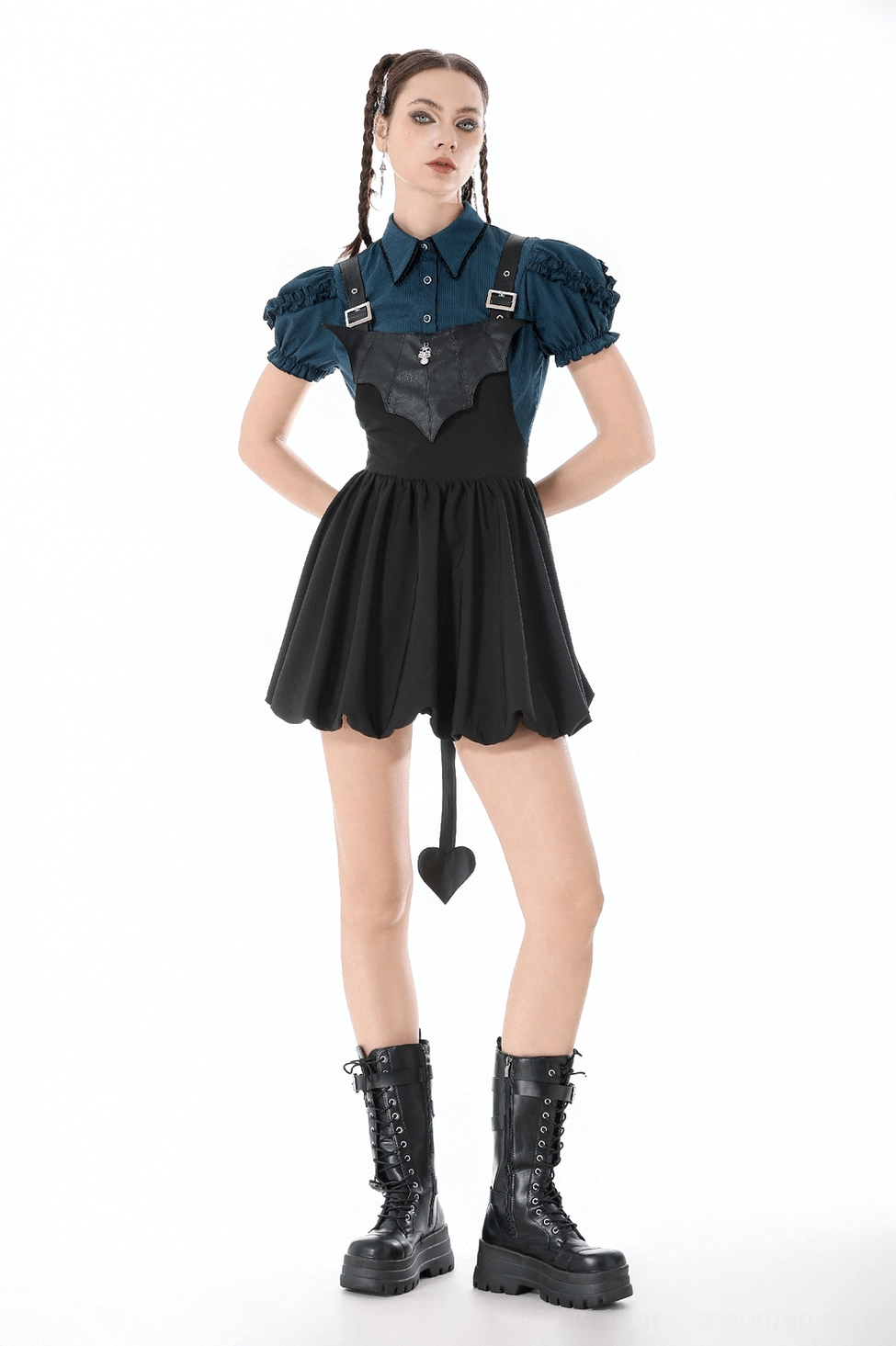 Gothic black dress with bat bodice and adjustable straps detailed styling view