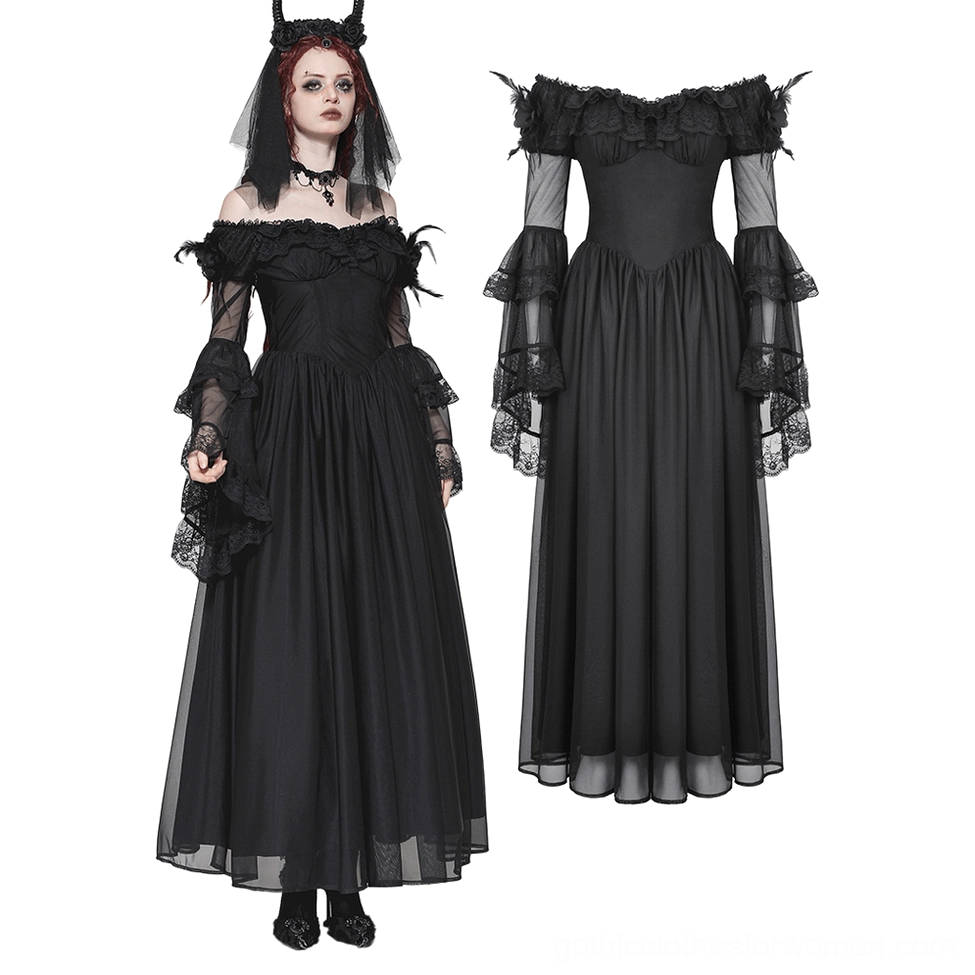 Black gothic lace maxi dress with choker necklace detail and feathered shoulder embellishment - front model styling