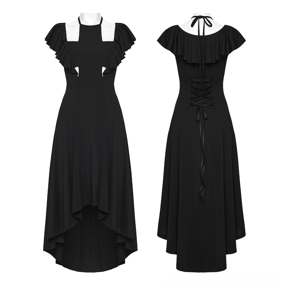 Black gothic dress with cross cutout detail and lace-up back - front and back dual mannequin view