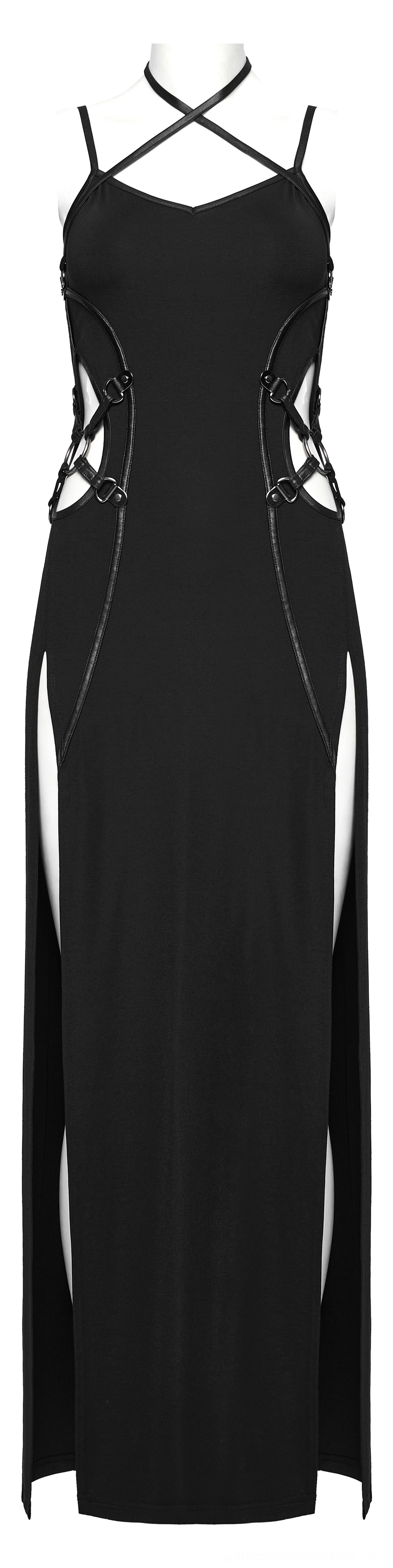 Black gothic maxi dress with cross halter design, lace cutouts, and high thigh slit, front view on mannequin