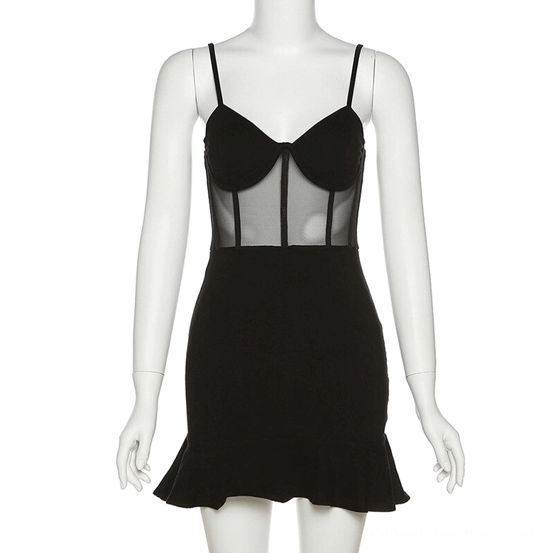Black gothic spaghetti strap dress on mannequin, front view displaying sheer mesh bodice and fitted A-line cut