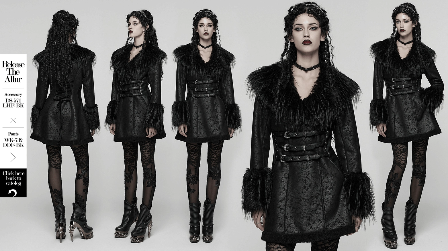 Gothic black faux fur coat with triple-buckle waist belt and dramatic lace-up corset back - primary product showcase view