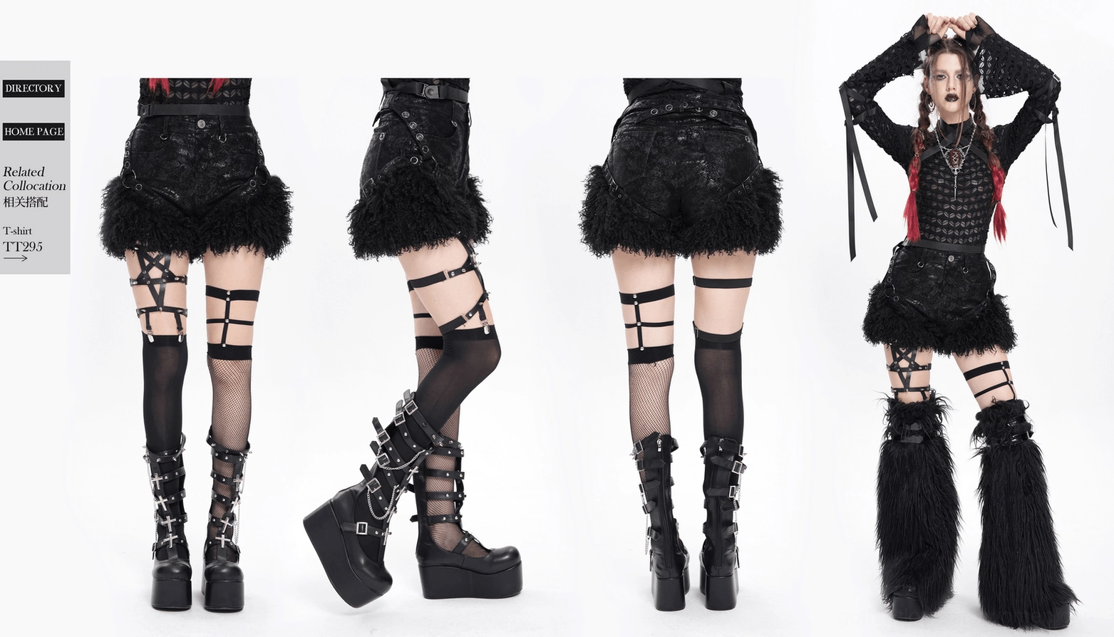 Styled product shot of black gothic shorts with alternative fashion accessories and goth aesthetic styling complete look