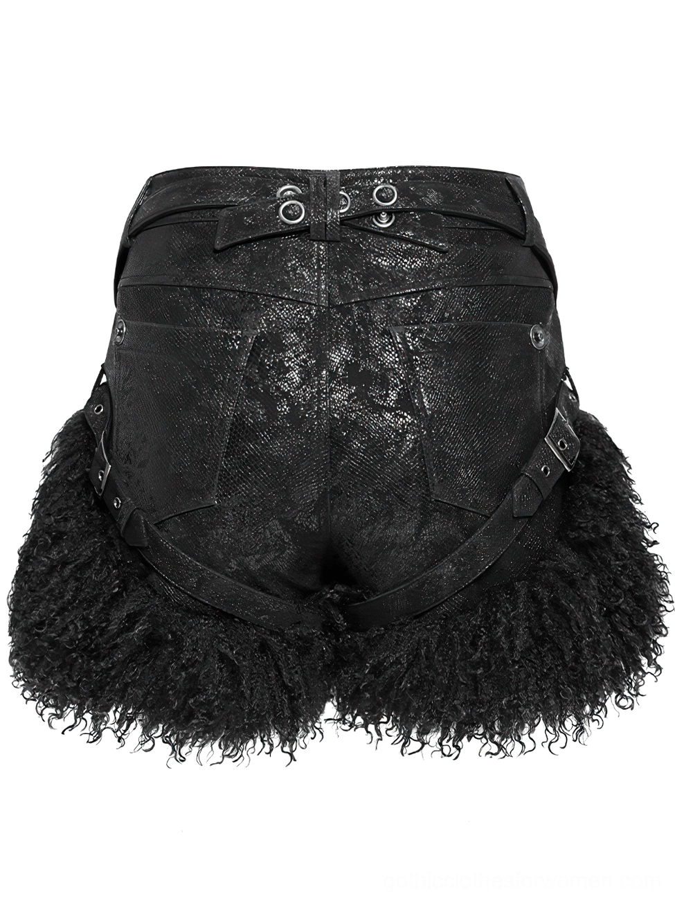 Back flat lay of black gothic shorts showing back waist straps, fur hem texture and back pocket construction details