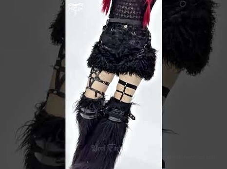 Close-up multi-angle details of gothic black shorts showing fur hem, harness straps, and fishnet garter styling