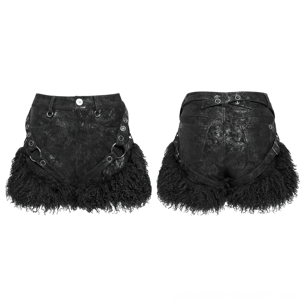 Dual flat lay front and back view of black gothic faux leather shorts with curly faux fur hem and metal hardware