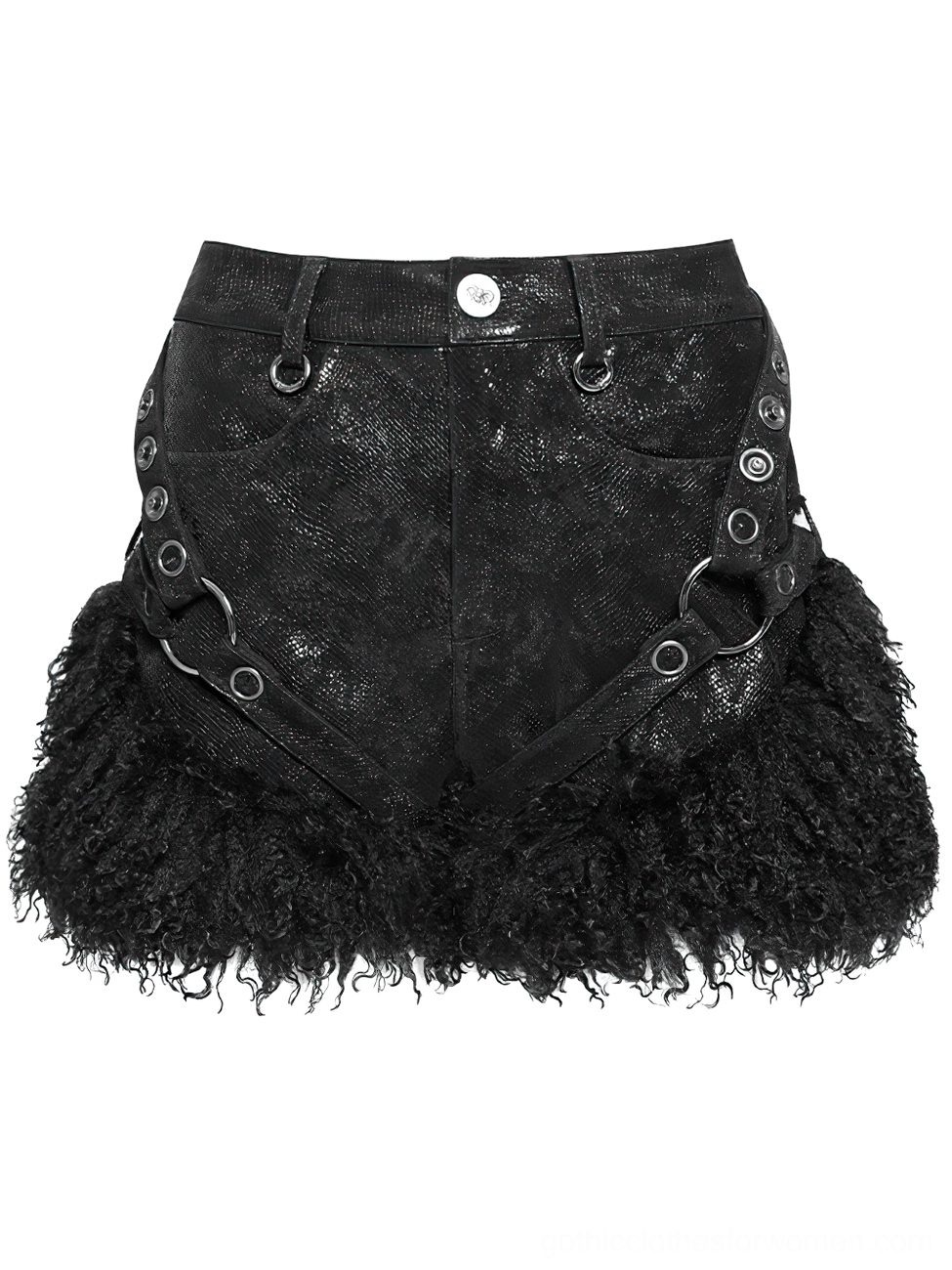 Front flat lay of black gothic shorts featuring textured faux leather, curly fur hem, D-ring harness and button closure