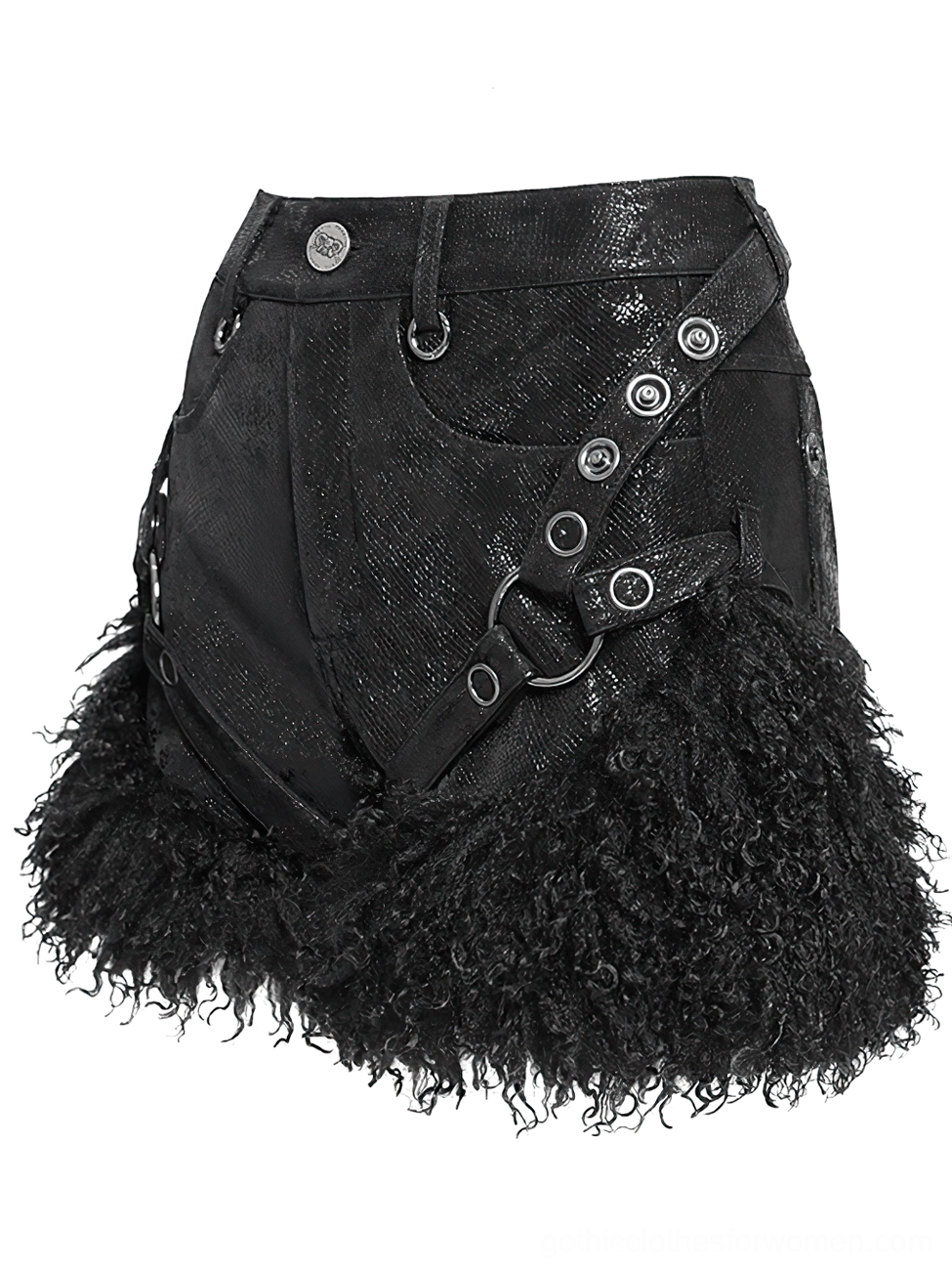Side flat lay view of black gothic shorts displaying side harness straps, fluffy fur trim and metal hardware details