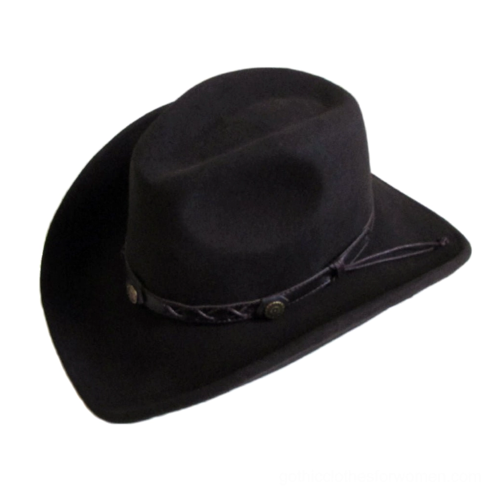Black gothic wool fedora hat with braided leather band and metal rivets, left three-quarter view showing wide brim and dark alternative style