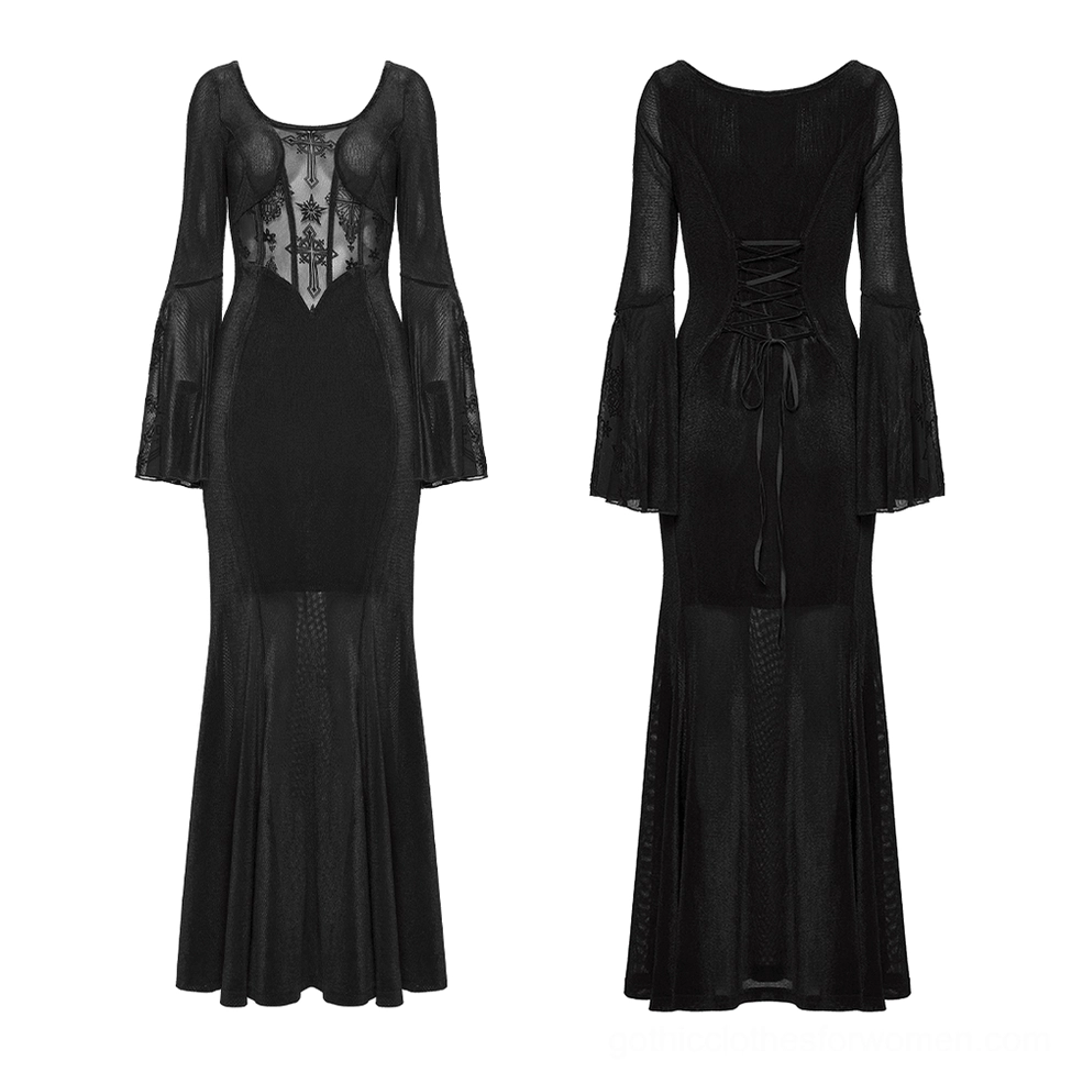 Black gothic velvet mesh fishtail dress flat lay front showing fitted sheer bodice with cross design and fishtail hem