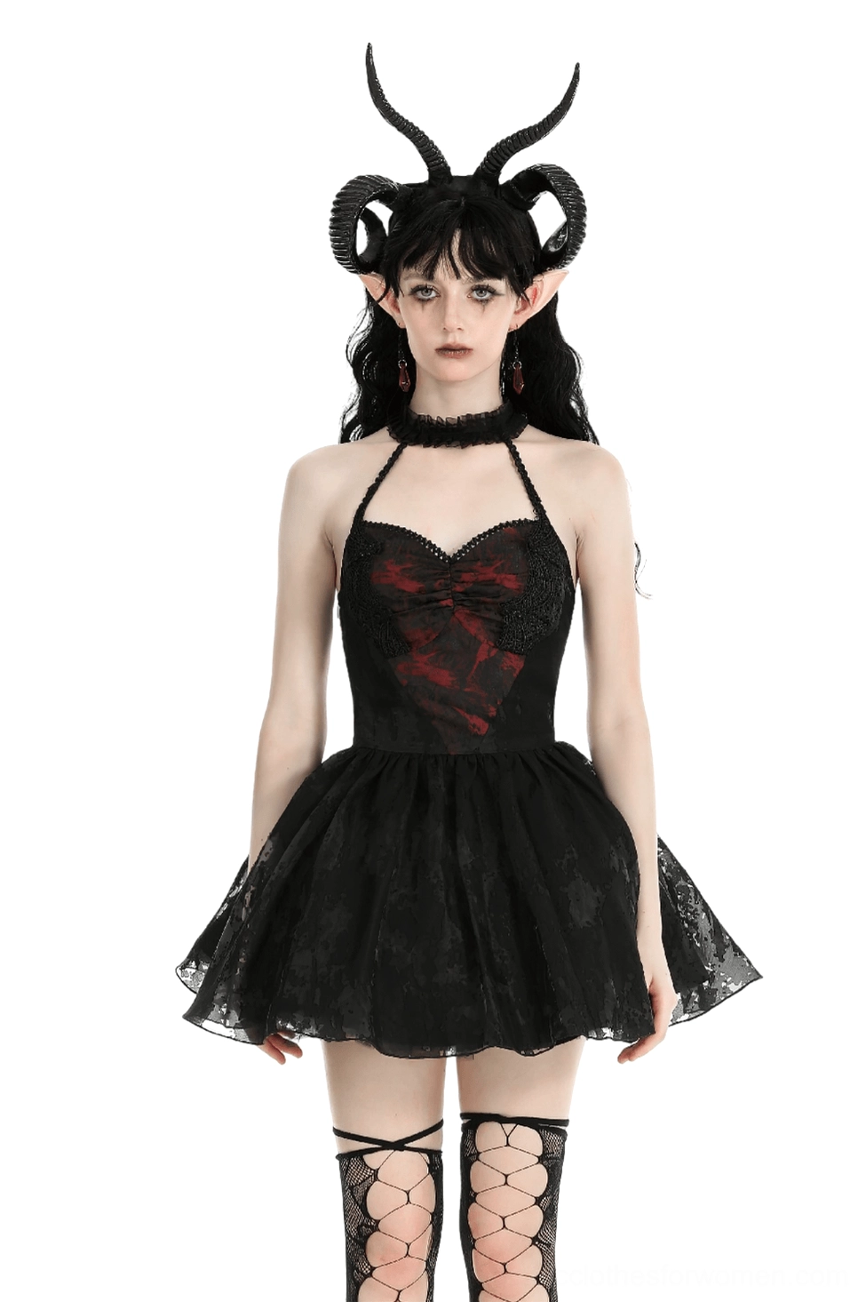Gothic black halter dress with red graphic print bust, lace-up corset back, and ruffled tulle skirt - front full-body view on model