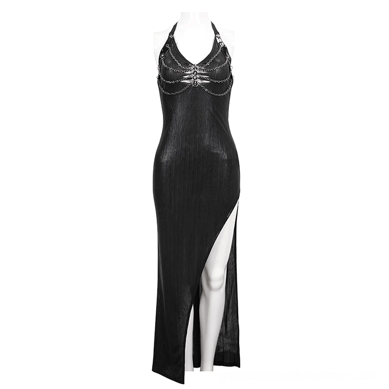 Black gothic sleeveless halter maxi dress with metal chest chain and high side slit on dress form mannequin, front three-quarter view