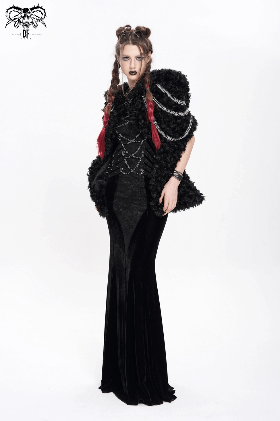 Gothic black faux fur hooded cape with silver chains, main product shot