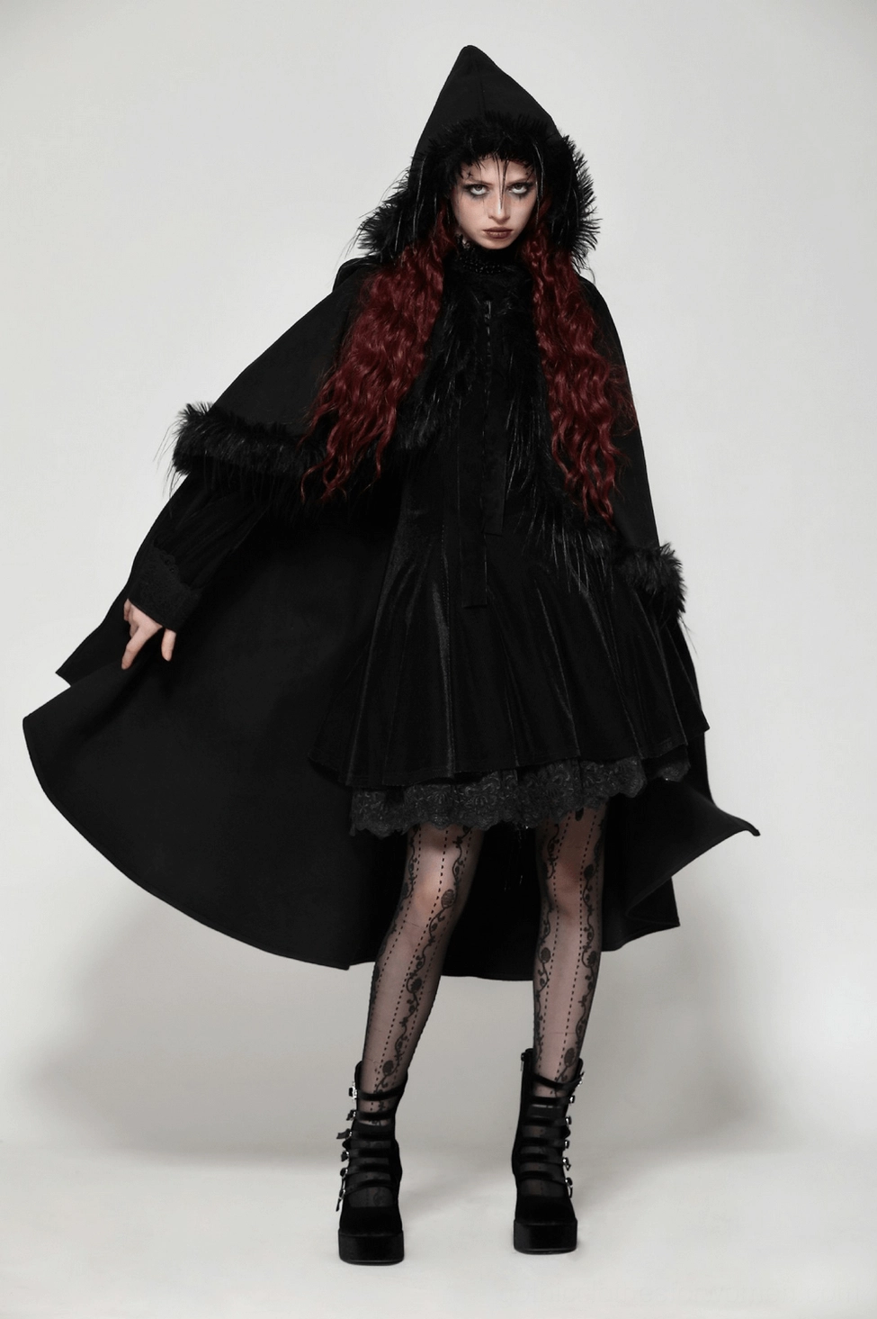 Gothic hooded cape in black with faux fur trim perfect for dark fashion events and festivals