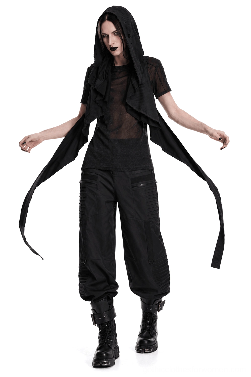 Gothic black hooded cape vest with frayed edges and metal hardware, post-apocalyptic aesthetic styling