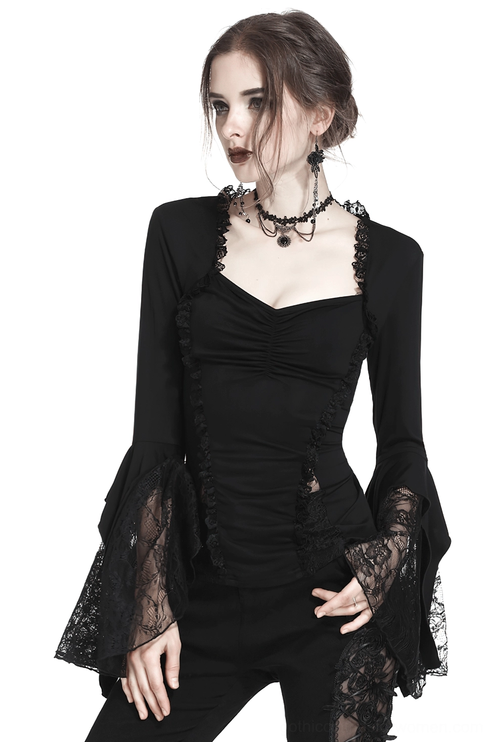 Front three-quarter view of black lace bell sleeve gothic top with sweetheart neckline and ruched bodice on model