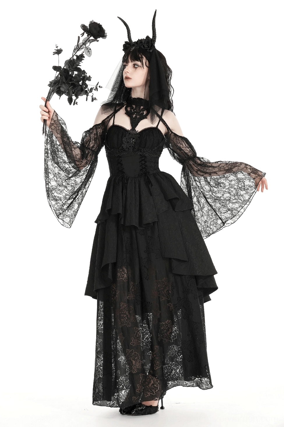 Gothic black lace bolero shrug showcasing sheer lace overlay construction and elegant draping potential