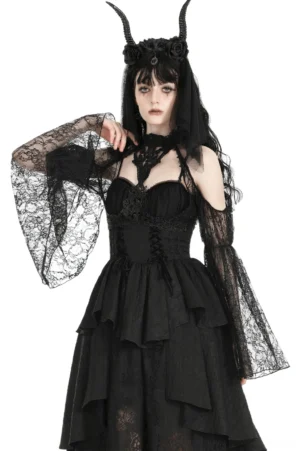 Gothic black lace bolero shrug with cold-shoulder bell sleeves and adjustable tie, worn by female model with gothic styling, front three-quarter view on white studio background