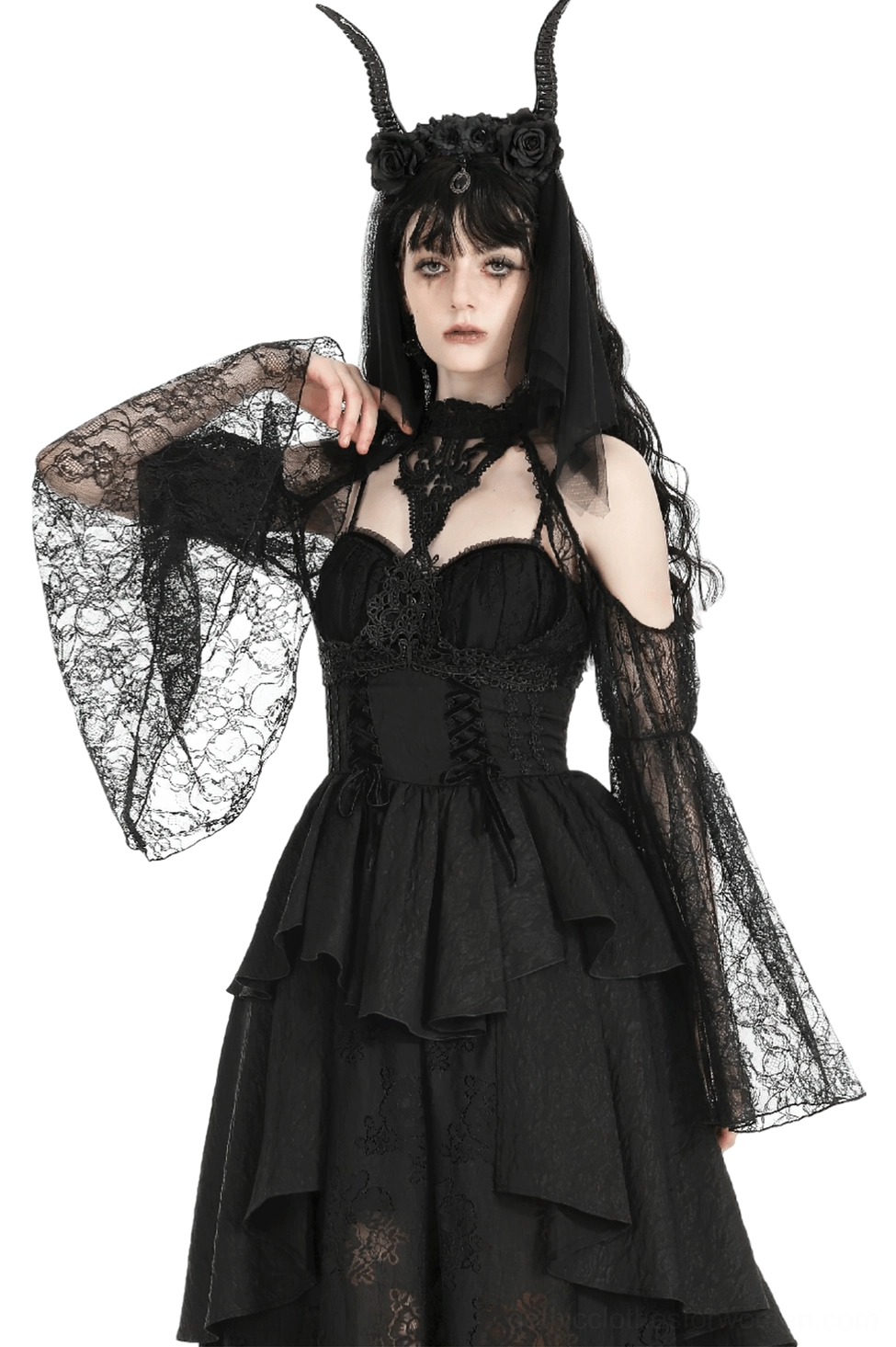 Gothic black lace bolero shrug with cold-shoulder bell sleeves and adjustable tie, worn by female model with gothic styling, front three-quarter view on white studio background