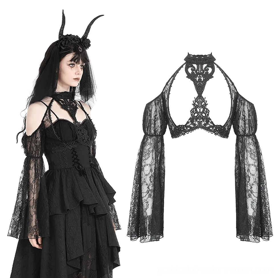 Black gothic lace bolero shrug with adjustable tie closure and bell sleeves, shown on model and as detached product with floral lace pattern