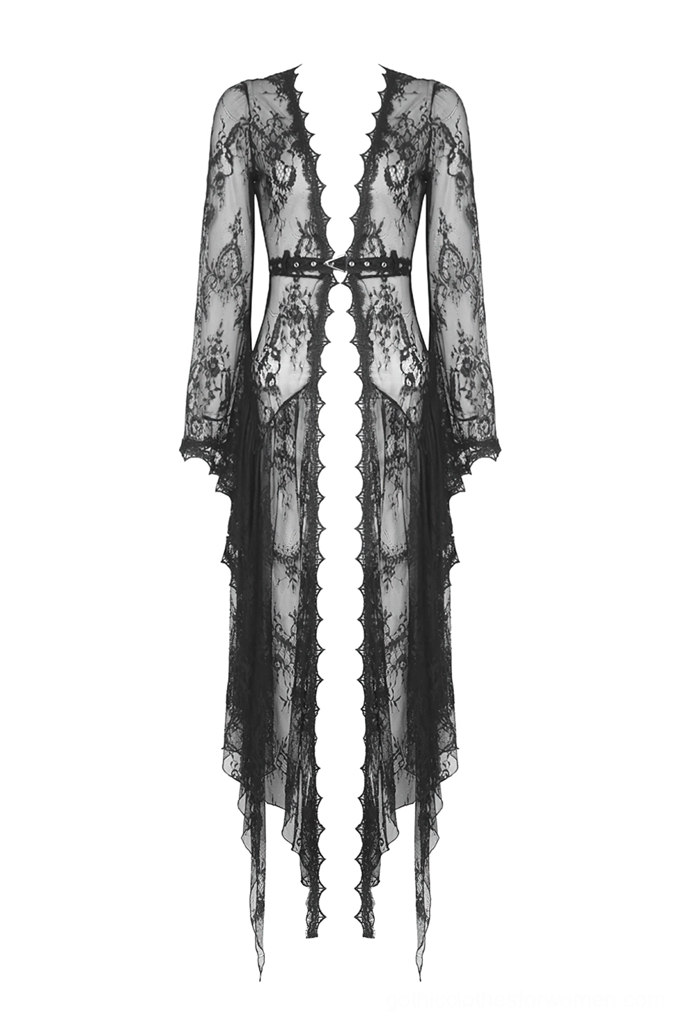 Black sheer lace gothic cape open front design with waist belt - flat lay front