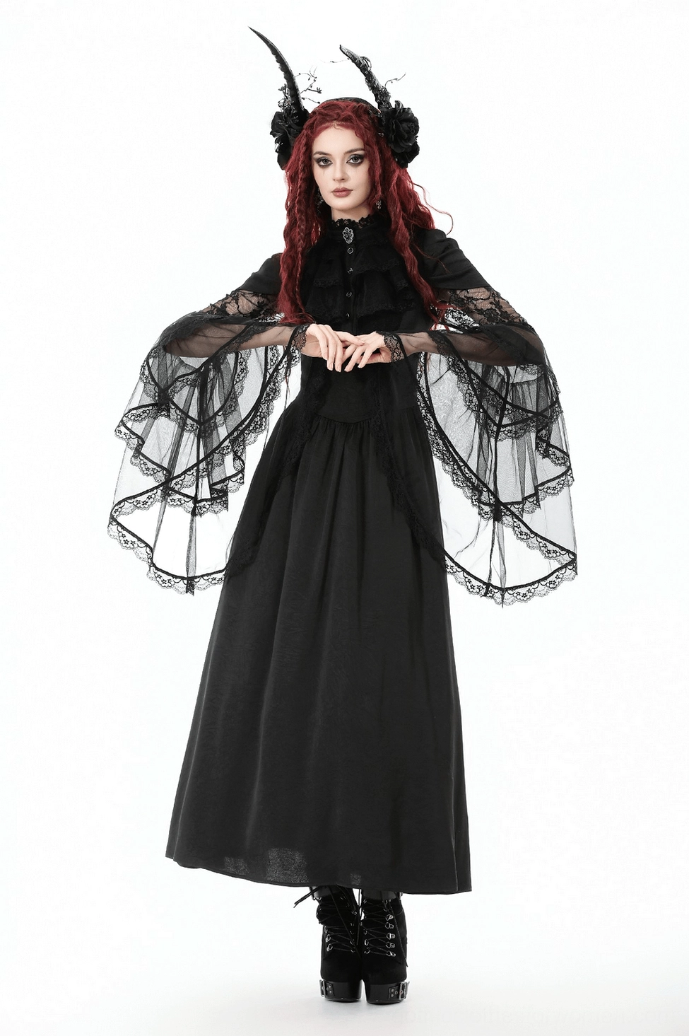 Model wearing black gothic lace dress with corset back featuring ruffled collar and dramatic bell-sleeve design