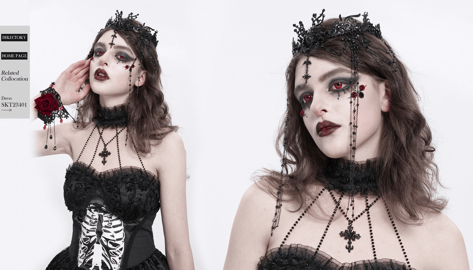 Gothic black lace crown with beaded chains and cross details, alternative fashion accessory presentation