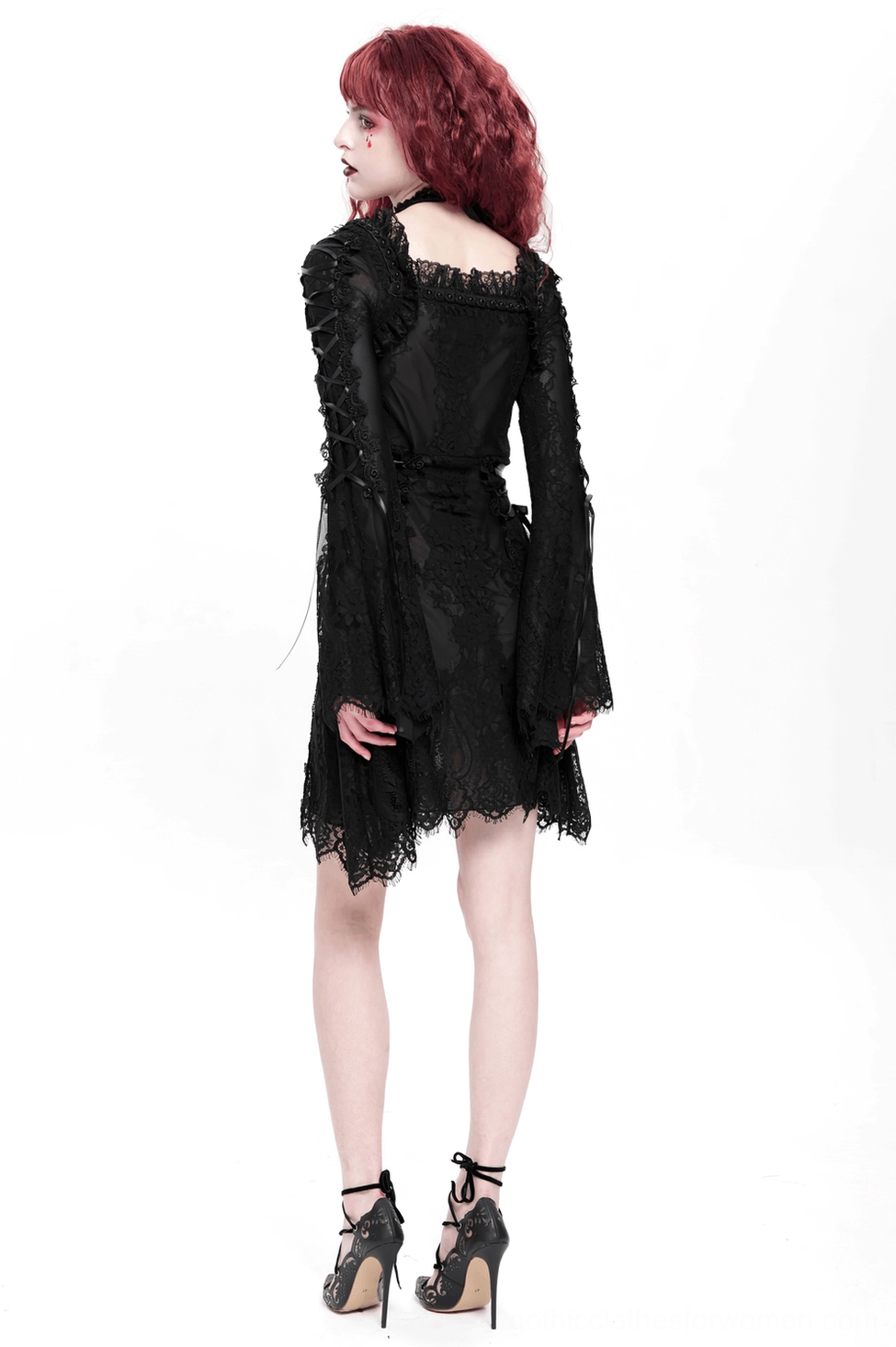 Black gothic lace mini dress with flared bell sleeves and adjustable corset lacing detail
