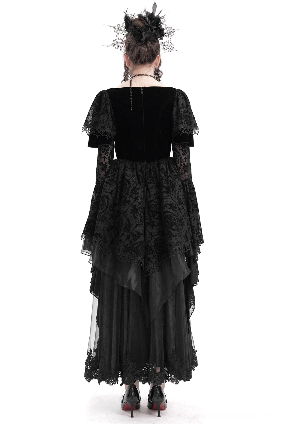 Black Victorian gothic dress rear view featuring lace-up back design, layered lace skirt, and floor-length silhouette with bell sleeves