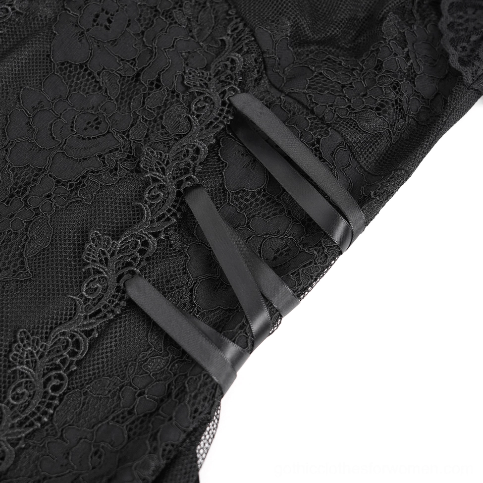 Black gothic lace mini dress displaying sheer bell sleeves and adjustable drawstring design