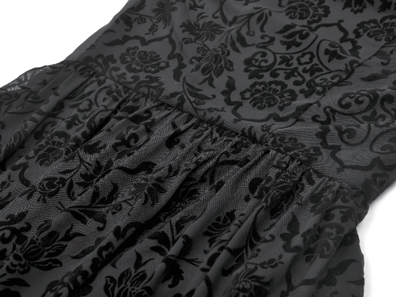 Black gothic lace maxi dress detail shot showing lace texture and construction quality