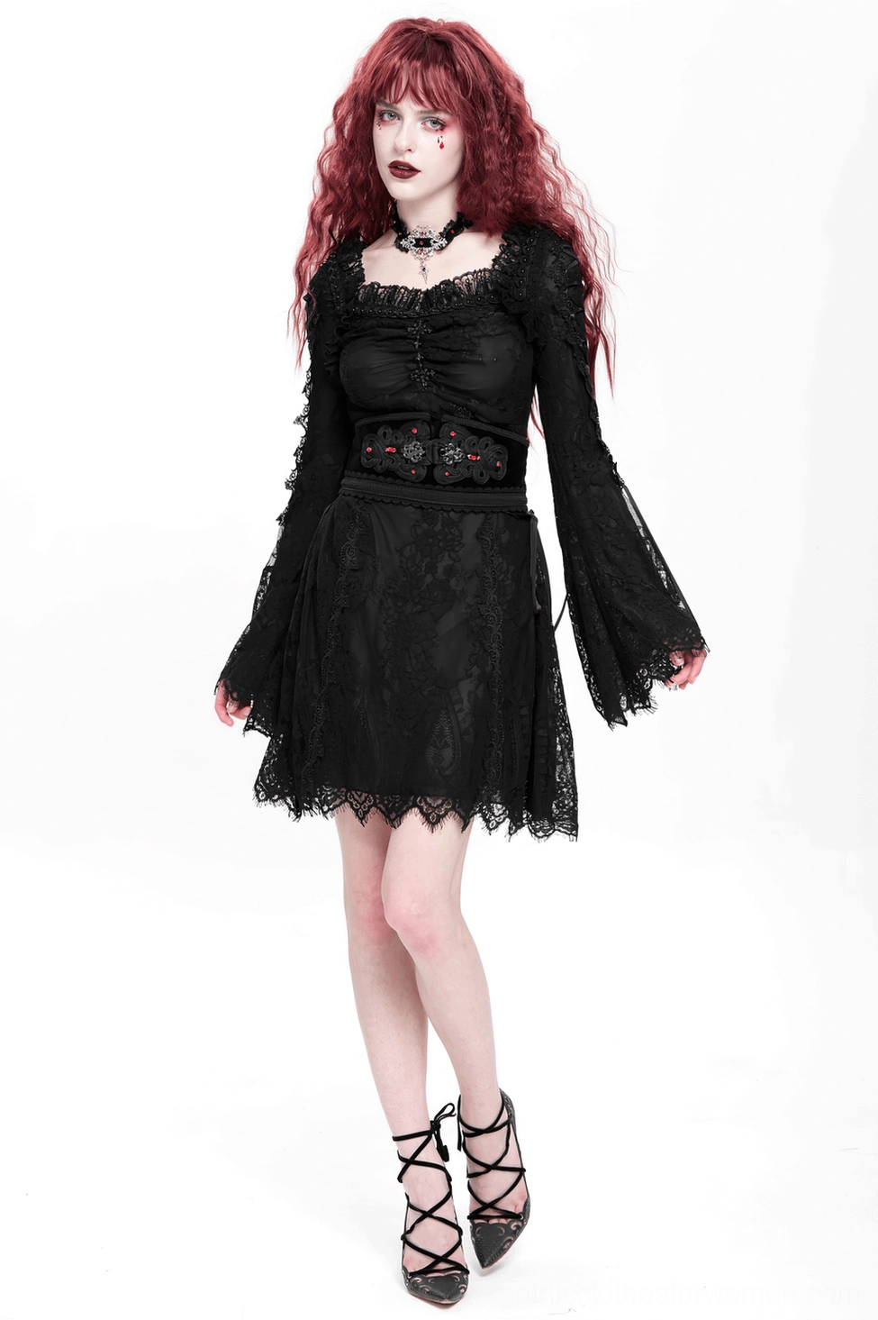 Gothic black lace mini dress side angle displaying flared sleeves and adjustable side lacing