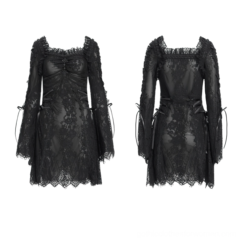 Black gothic lace mini dress flat lay showing floral paisley lace pattern and scalloped hemline