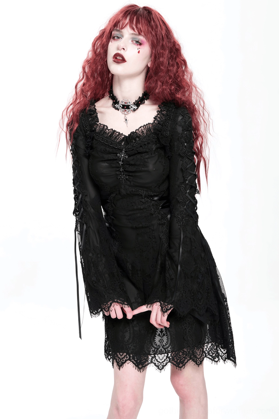 Black gothic lace mini dress back detail with sheer lace overlay and side drawstring ties